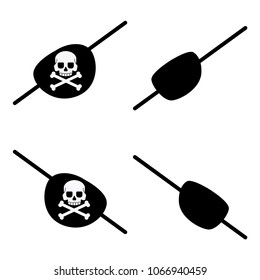 Black pirate eye bandage with a skull and crossbones for the left and right eyes. Vector flat icons of patch isolated on white background.