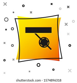Black Pirate eye patch icon isolated on white background. Pirate accessory. Yellow square button. Vector Illustration