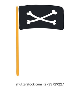 Black pirate flag with crossbones on flagpole isolated on white background. Hand drawn flat vector illustration. Kids nautical print, design element, clip art
