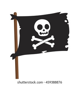 Black pirate flag illustration. Jolly Roger with cartoon skull and crossbones. Vector icon.