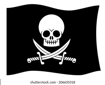 Black pirate flag with Jolly Roger. Skull and crossed daggers.