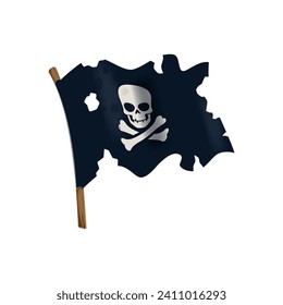 Black pirate flag with a skull and crossbones, fluttering in the wind. Isolated cartoon vector weathered corsair banner with sinister jolly roger, symbolizing adventure, danger and thrill of high seas