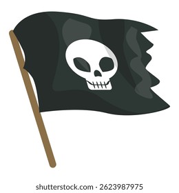 Black pirate flag with skull and crossbones is waving in the wind