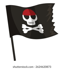 Black pirate flag with skull and crossbones waving in the wind