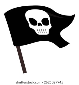 Black pirate flag with skull and crossbones is waving in the wind