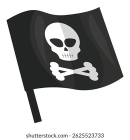 Black pirate flag with skull and crossbones is waving in the wind