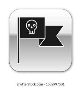 Black Pirate flag with skull icon isolated on white background. Silver square button. Vector Illustration