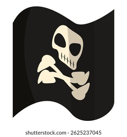 Black pirate flag waving, with skull and crossbones illustration, isolated on white background