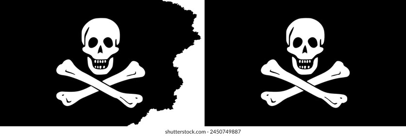 Black pirate flags vector with skull and bones. Standard flag and with torn edges.