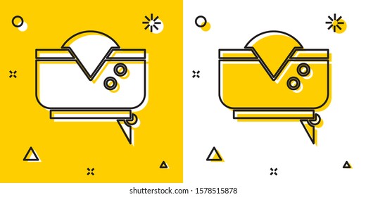 Black Pirate hat icon isolated on yellow and white background. Random dynamic shapes. Vector Illustration