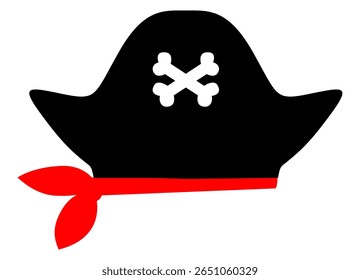 Black pirate hat icon with white skull and crossbones and red bandana detail. Clipart image isolated on background.