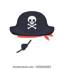 Black pirate hat with skull and eye patch, masquerade decor, carnival headdress element cartoon vector Illustration isolated on a white background