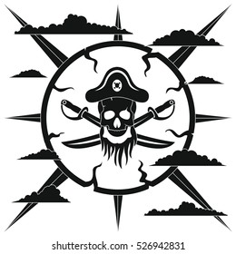 Black pirate label. Pirate illustration in black simple style isolated on white background. Elements for illustration, infographics, logos and banners.