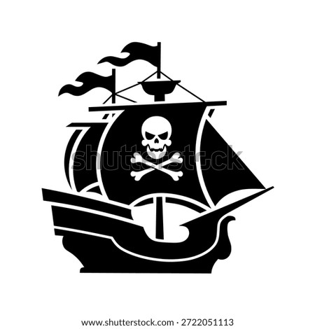 Black Pirate Ship Silhouette with Skull and Crossbones Flag Icon