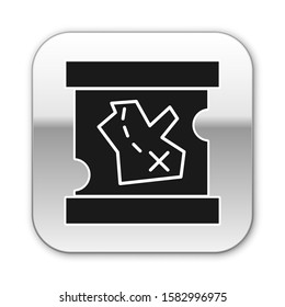 Black Pirate treasure map icon isolated on white background. Silver square button. Vector Illustration