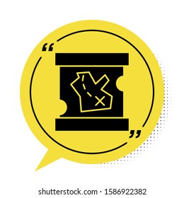 Black Pirate treasure map icon isolated on white background. Yellow speech bubble symbol. Vector Illustration