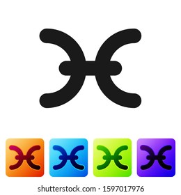 Black Pisces zodiac sign icon isolated on white background. Astrological horoscope collection. Set icons in color square buttons. Vector Illustration