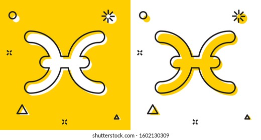 Black Pisces zodiac sign icon isolated on yellow and white background. Astrological horoscope collection. Random dynamic shapes. Vector Illustration