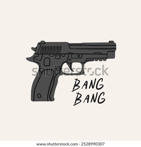Black Pistol. Side view. Weapon silhouette. Cartoon style. Protection, army, arsenal, ammo concept. Hand drawn Vector illustration. Isolated design element. Logo, icon, print, design template