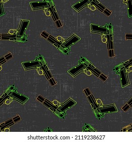 black pistols with gradient on gray grunge texture. Seamless pattern for guys