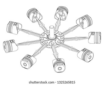 Black pistons on a white background. Drawing