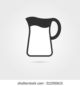 black pitcher with milk and shadow. concept of kitchenware, cooking utensils, earthenware, dishware, ewer. isolated on gray background. flat style trend modern logo design vector illustration