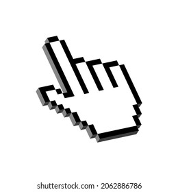Black pixel 3d hand pointer. Digital cursor for links and selection of web actions. Online referral for information and vector connection