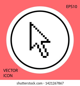 Black Pixel arrow cursor icon isolated on red background. White circle button. Vector Illustration
