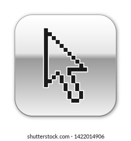 Black Pixel arrow cursor icon isolated on white background. Silver square button. Vector Illustration