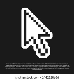 Black Pixel arrow cursor icon isolated on black background.  Vector Illustration