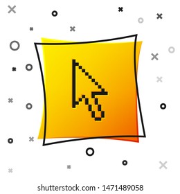 Black Pixel arrow cursor icon isolated on white background. Yellow square button. Vector Illustration