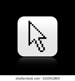 Black Pixel arrow cursor icon isolated on black background. Silver square button. Vector Illustration