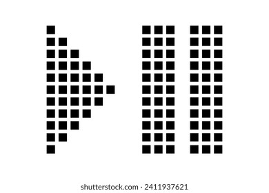 Black pixel arrow of play and pause button on a white background. Retro video game movement or stop on the player. Vintage 8 bit symbol
