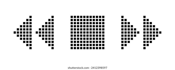 Black pixel arrow of rewind, stop and forward button on a white background. Retro video game movement or stop on the player. Vintage 8 bit symbol