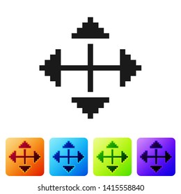 Black Pixel arrows in four directions icon isolated on white background. Cursor move sign. Set icon in color square buttons. Vector Illustration