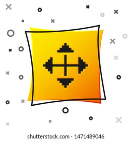 Black Pixel arrows in four directions icon isolated on white background. Cursor move sign. Yellow square button. Vector Illustration