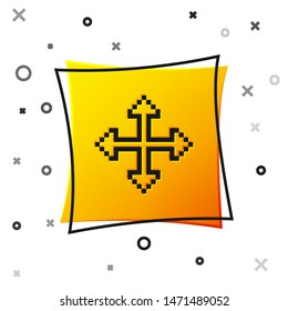 Black Pixel arrows in four directions icon isolated on white background. Cursor move sign. Yellow square button. Vector Illustration