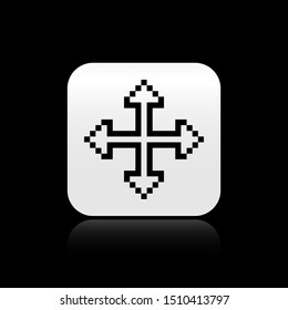 Black Pixel arrows in four directions icon isolated on black background. Cursor move sign. Silver square button. Vector Illustration