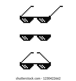 Black pixel art glasses set. Meme sunglasses vector design