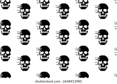 Crânios de arte em pixels pretos com um efeito de falha em um fundo branco criam um padrão moderno e sem emenda. Ideal para projetos retro e edgy.