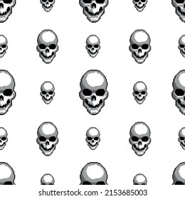 Black pixel art style vector seamless pattern with skulls, illustration for t-shirts, clothes, helmets, cars, covers and wallpapers. concept graphic design element. Isolated on white background.