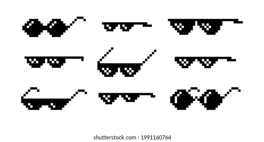 Black pixel Boss glasses meme vector illustration. Thug life design. 8 bit mafia gangster funky logo. Summer rap music isolated graphic element.