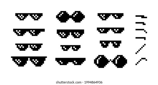 Black pixel Boss glasses meme vector illustration. Thug life design. 8 bit mafia gangster funky logo. Summer rap music isolated graphic element.