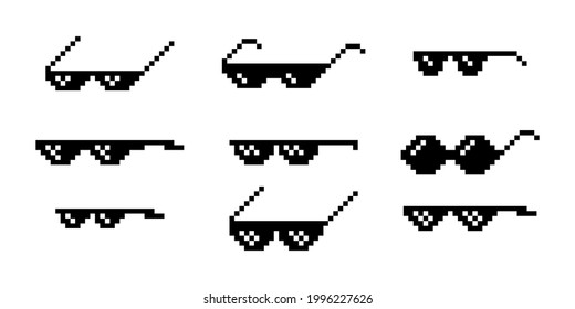 Black pixel Boss glasses meme vector illustration. Thug life design. 8 bit mafia gangster funky logo. Summer rap music isolated graphic element.