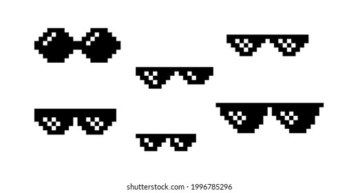 Black pixel Boss glasses meme vector illustration. Thug life design. 8 bit mafia gangster funky logo. Summer rap music isolated graphic element.