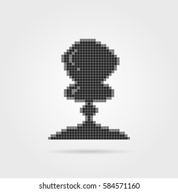 black pixel explosion icon. concept of 8 bit emblem, violence conflict, h-bomb, energy attack, blowing up sign, disaster, outburst, mushroom cloud. flat style trend modern logotype on gray background