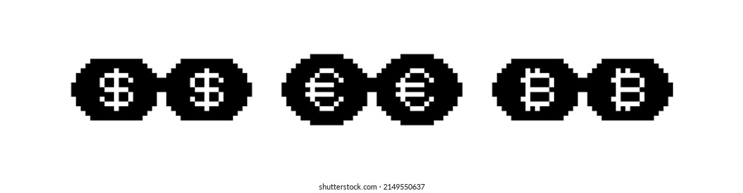 Black pixel glasses with dollar euro and bitcoin. Like a boss meme. Mafia gangster funky logo. Vector illustration graphic design.