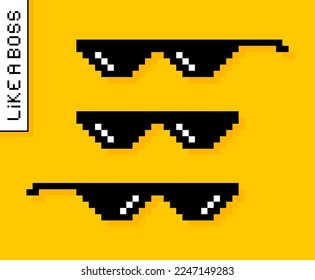 Black pixel glasses. Like a boss meme. Mafia gangster funky logo. Vector illustration graphic design.