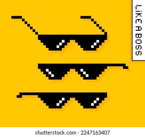 Black pixel glasses. Like a boss meme. Mafia gangster funky logo. Vector illustration graphic design.