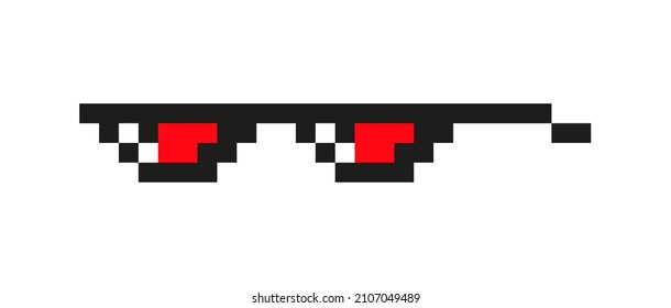 Gafas de píxeles negros con la plantilla de diseño de iconos de signo de ojo rojo. Boss gangster mafia vector arte símbolo de 8 bits.
